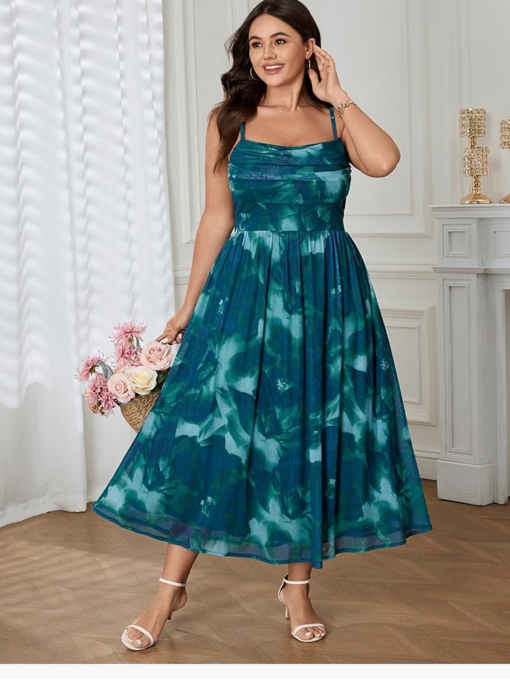 NEW NWT Blue-Green Floral Midi Dress with Spaghetti Straps Sz 4XL